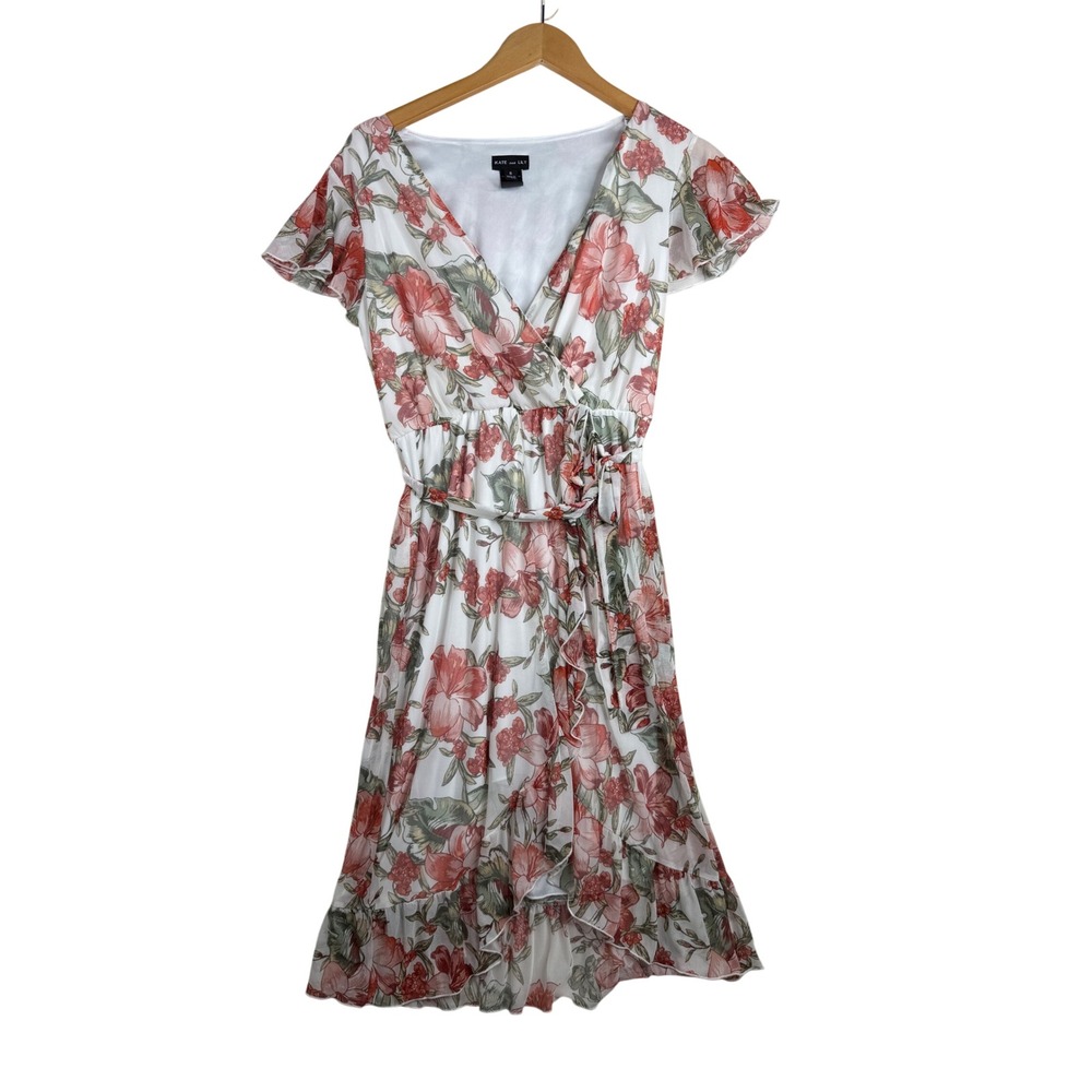 Kate & Lily Flower Print Faux Wrap Midi Hi-low Hem Dress size 6 White/Red